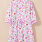 Floral Print Striped Trim Frilled Neck 3/4 Sleeve Flared Mini Dress
