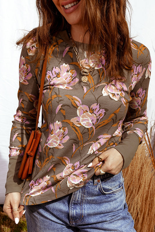 Floral Print Waffle Textured Long Sleeve Top