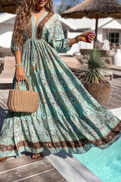 Boho Floral Lace-up Open Back Maxi Dress