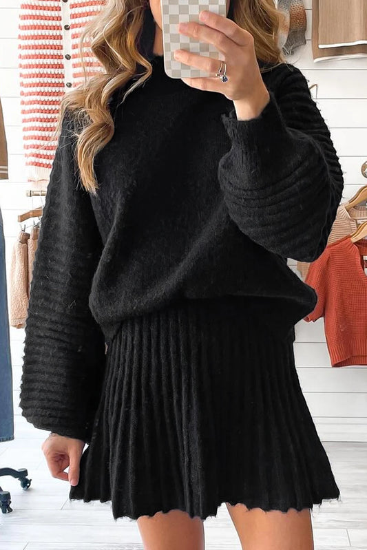 Sleeve Sweater Pleated Mini Skirt 2pcs Knitted Outfit