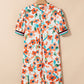 Contrast Trim Floral Split Neck Puff Short Sleeve Tiered Mini Dress