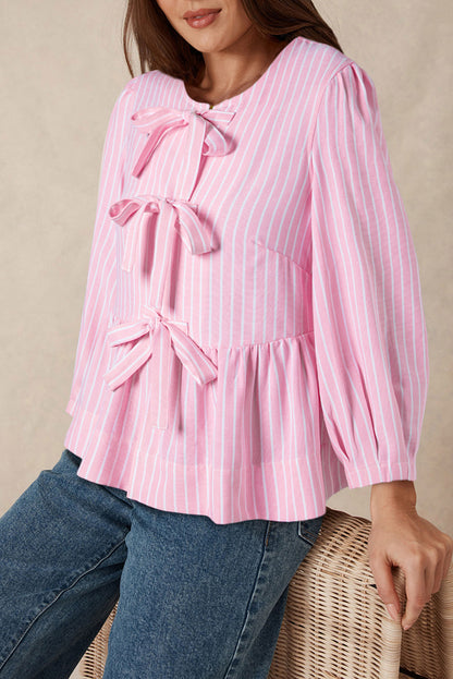 Bowknot Front Crew Neck Puff Sleeve Blouse