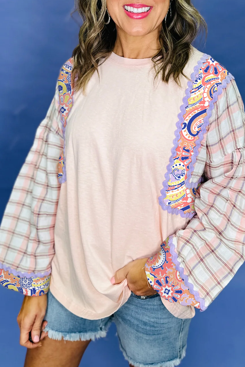 Ricrac Trim Floral Plaid Patchwork Puff Sleeve Blouse