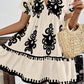 Vintage Print V Neck High Waist Short Sleeve Dress