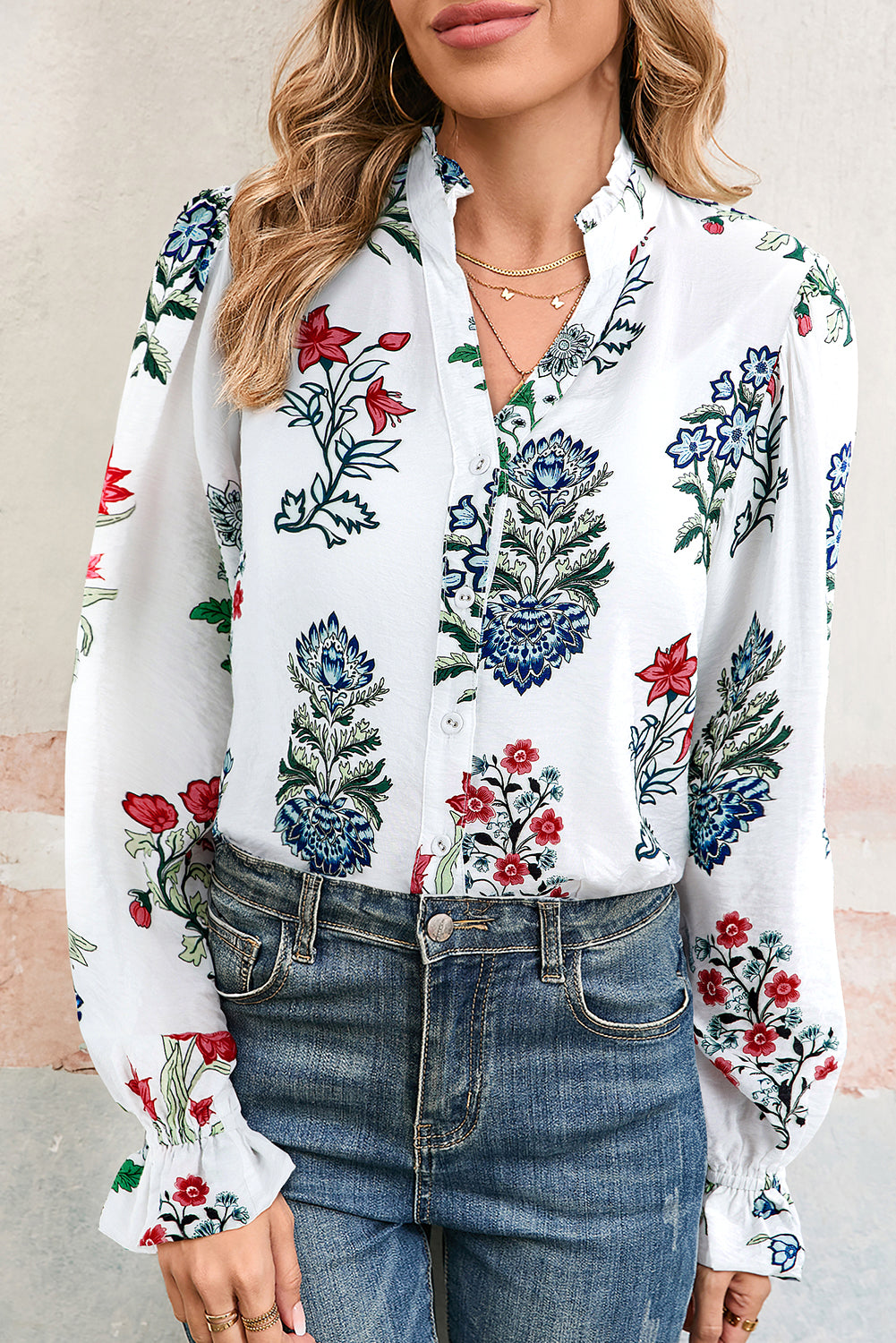 Floral Print Frilled Collar V Neck Button Down Long Sleeve Shirt