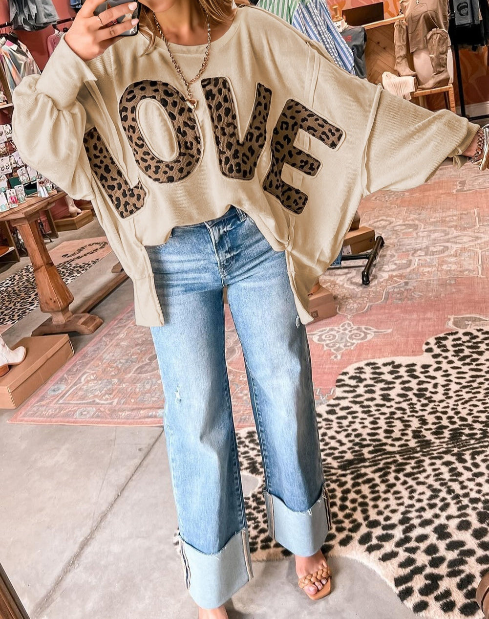Oversize Leopard LOVE Patched Graphic Round Neck Casual Sweatshirt
