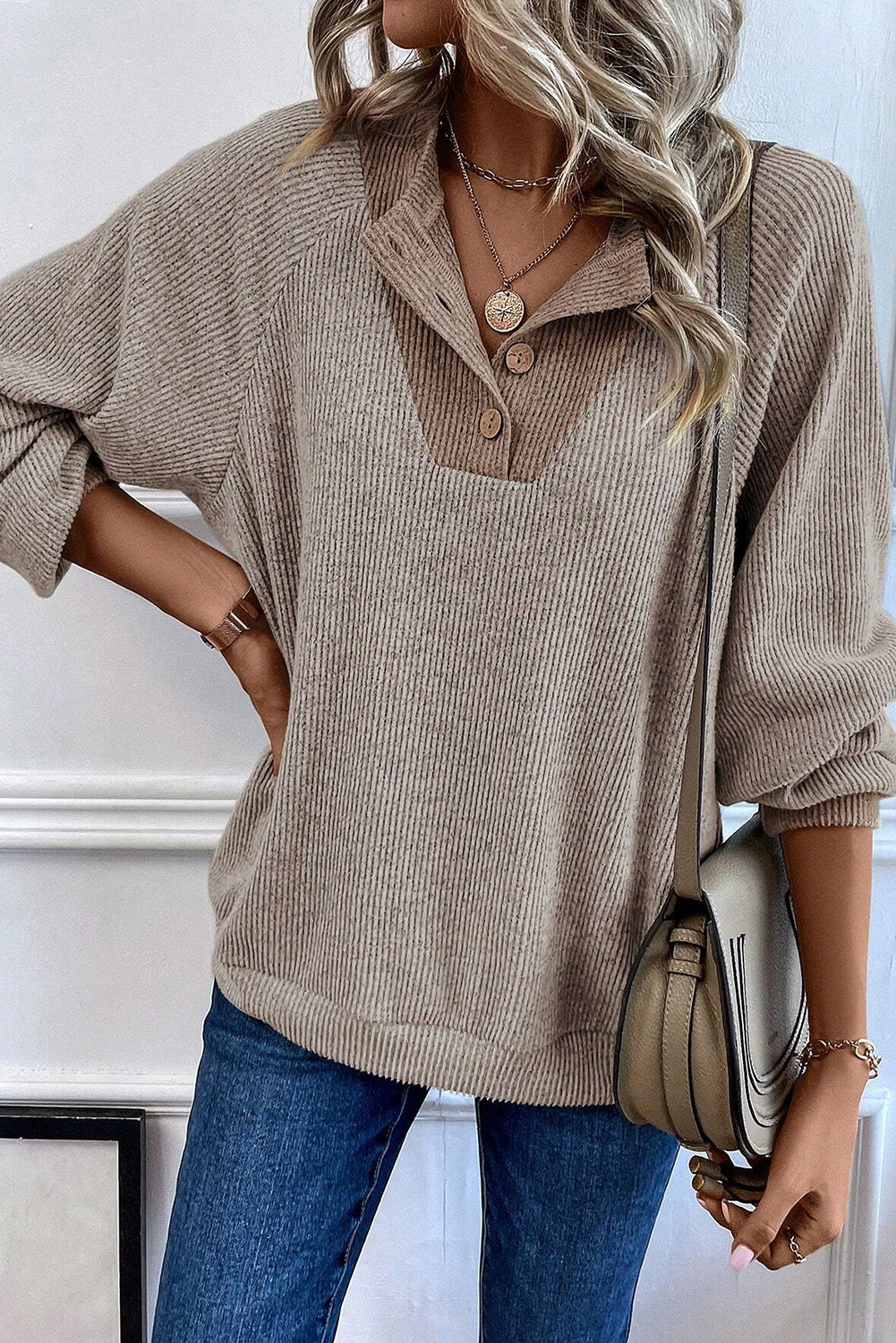 Comfort Button Collar Ribbed Top