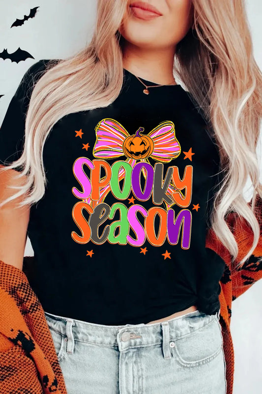 SPOOKY SEASON Halloween Pumpkin Bow Print T Shirt