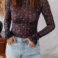 Floral Print Smocked Cuff Slim Fit Mesh Bodysuit