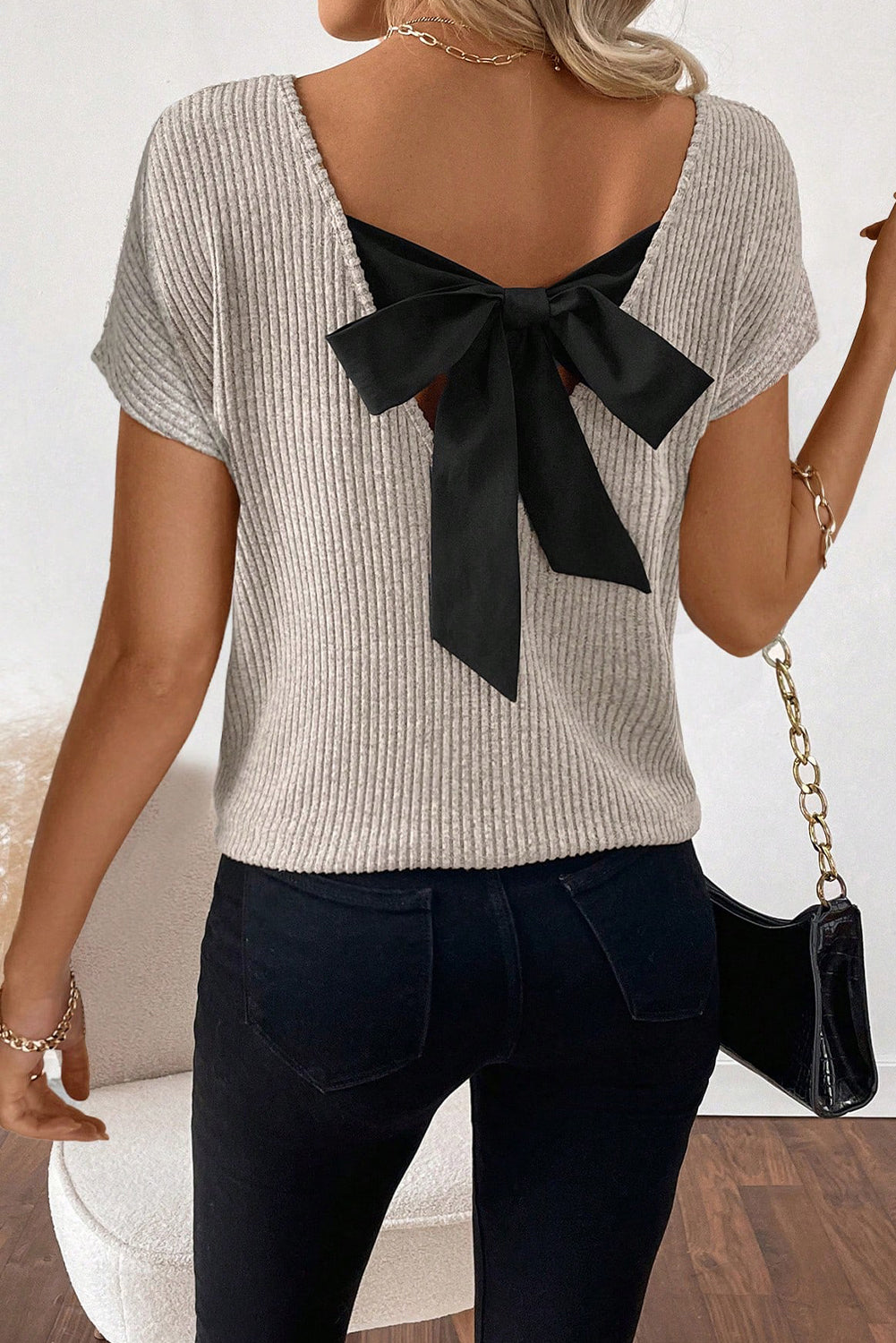 Morn Ribbed Short Sleeve V Neck Colorblock Bow Back Top