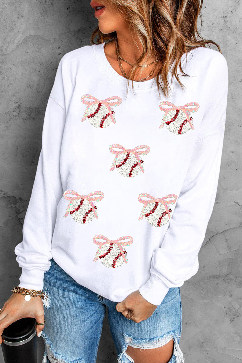 Sequin Bow Baseball Patched Casual Sweatshirt