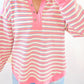 Stripe Buttoned V Neck Collared Top