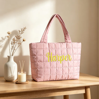 Custom Name Quilted Puffer Tote