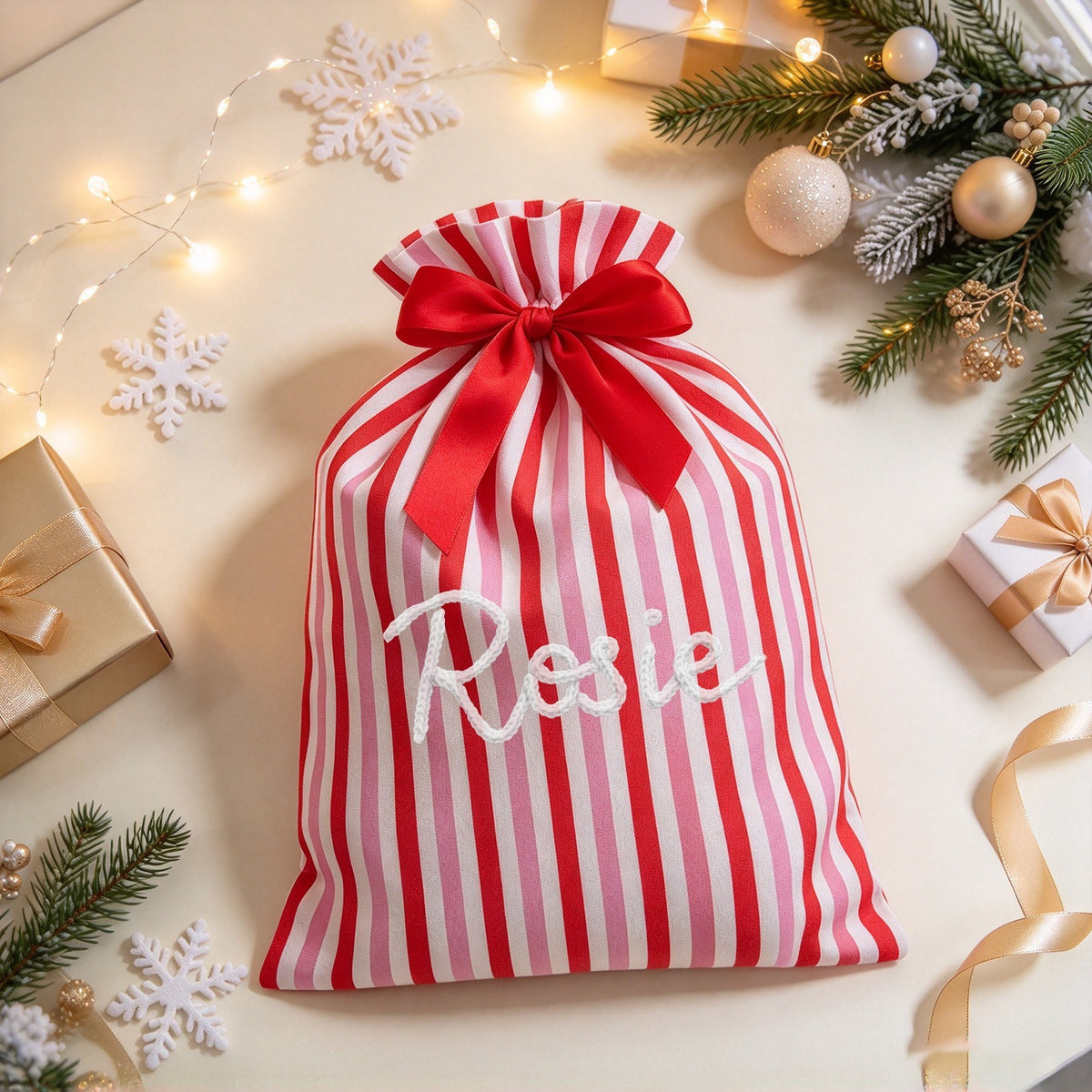 Custom Name Striped Christmas Gift Bag