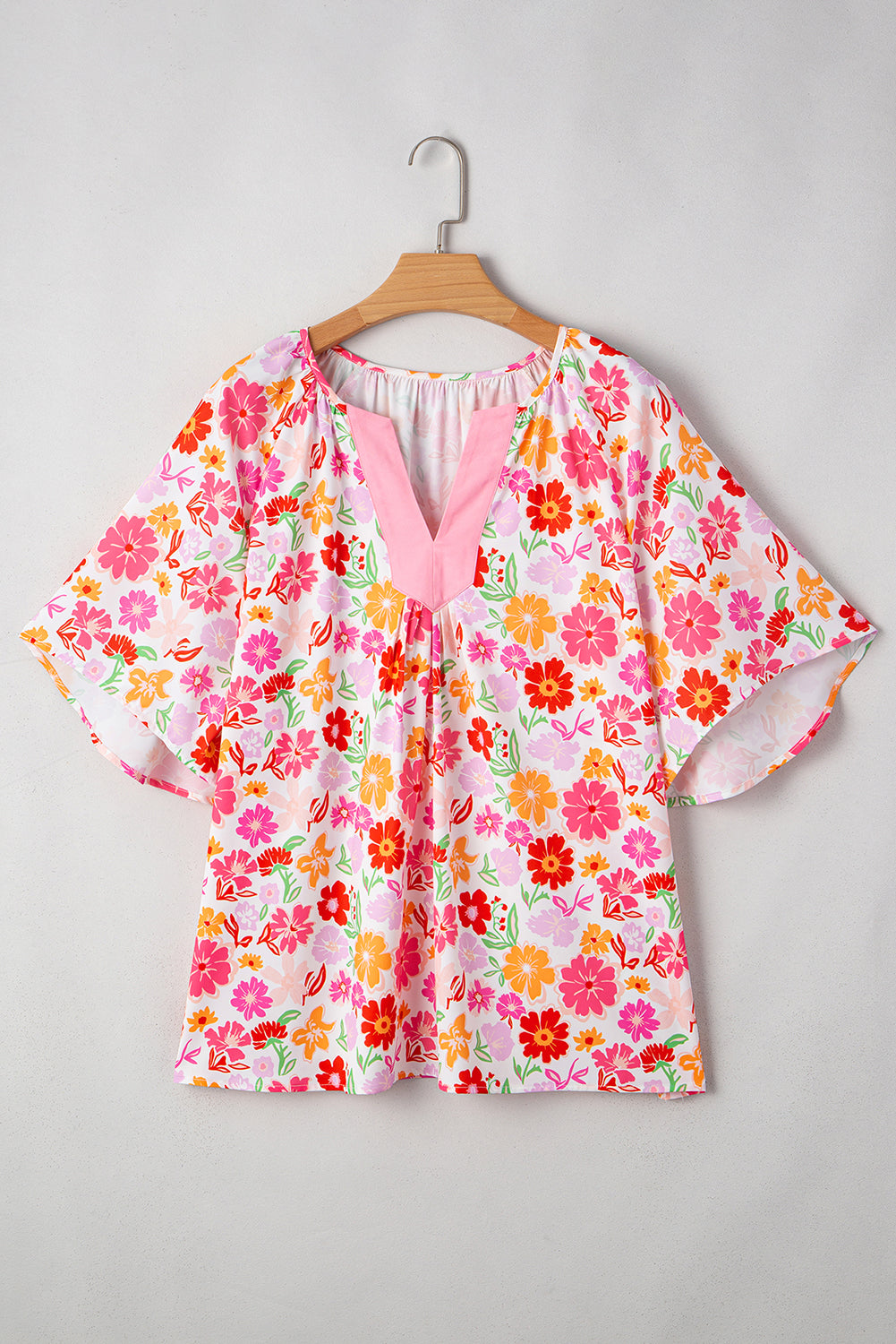 Floral Split V Neck Wide Short Sleeve Plus Size Blouse Top