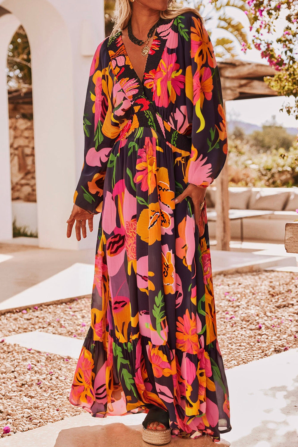 Floral Print Smocked Detail V Neck Puff Sleeve Flowy Maxi Dress
