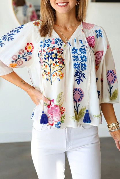 Floral Print Tassel Tie Bracelet Sleeve Flowy Blouse