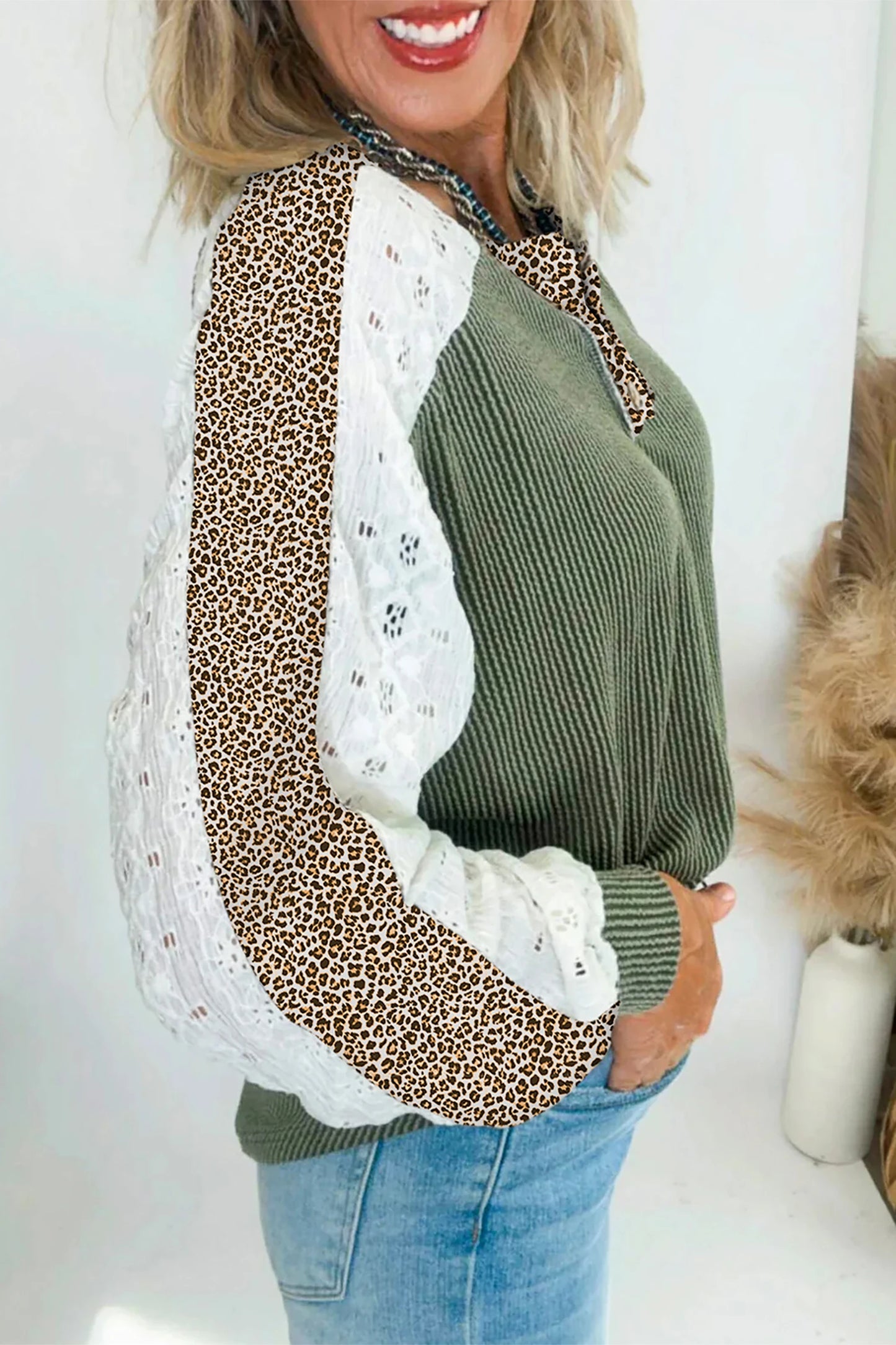 Twisted Ribbed Leopard Lace Contrast Patchwork Long Sleeve Top