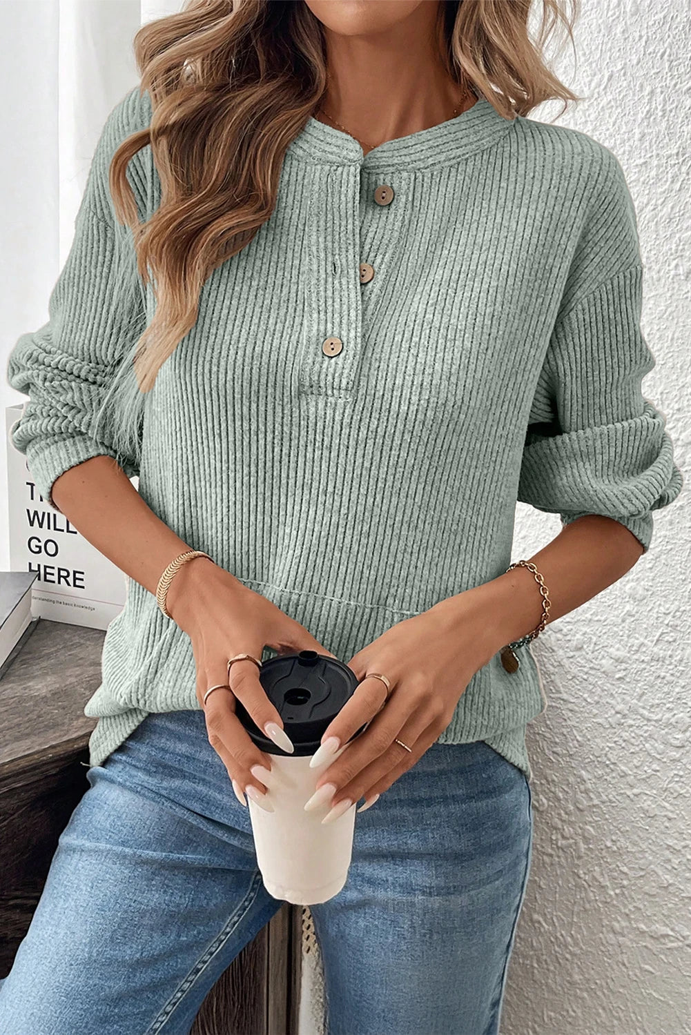 Texture Drop Shoulder Henley Knit Top
