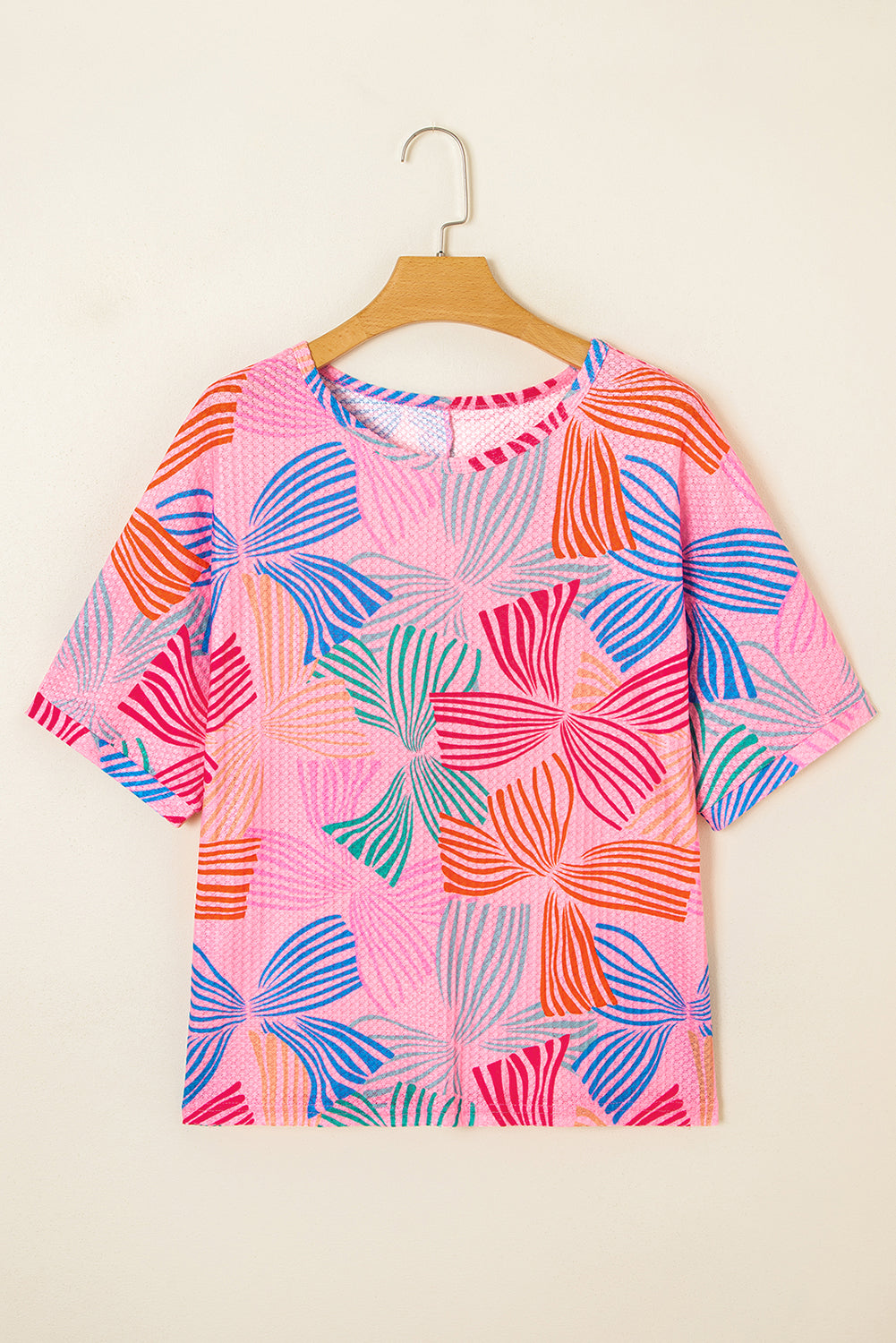 Printed Waffle Crewneck Loose Short Sleeve Top