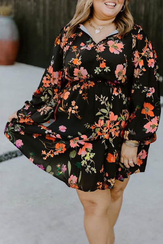 Plus Size Floral Print Tie Neck Cinched Waist Long Sleeve Mini Dress
