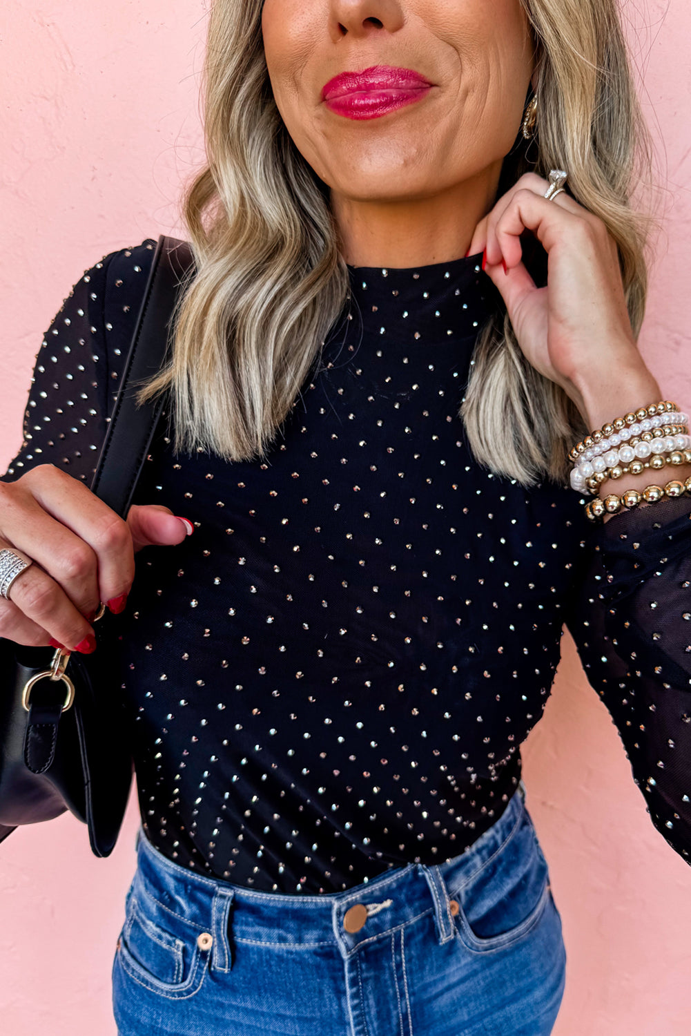 Rhinestone Embellished Mesh Long Sleeve Top