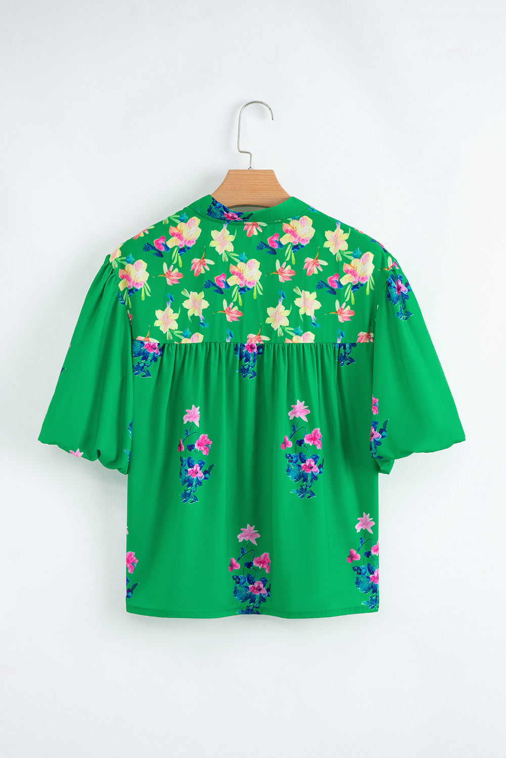 Floral Detail Tie Split Neck Short Sleeve Blouse
