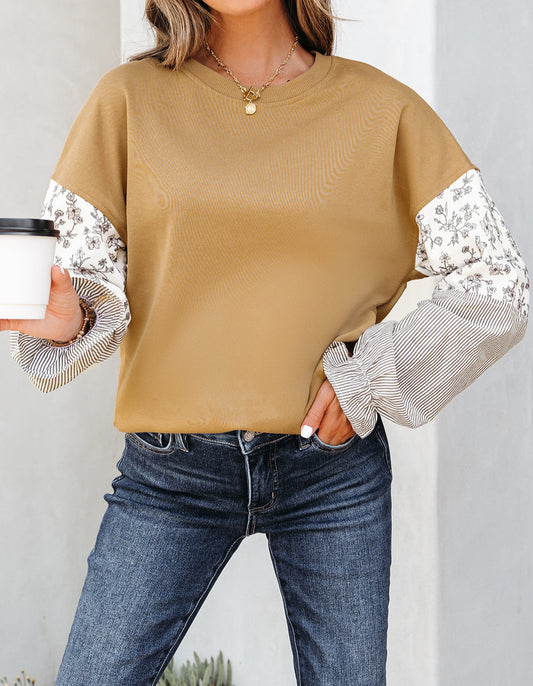Floral Striped Patchwork Ruffled Sleeve Crew Neck Sweatshirt