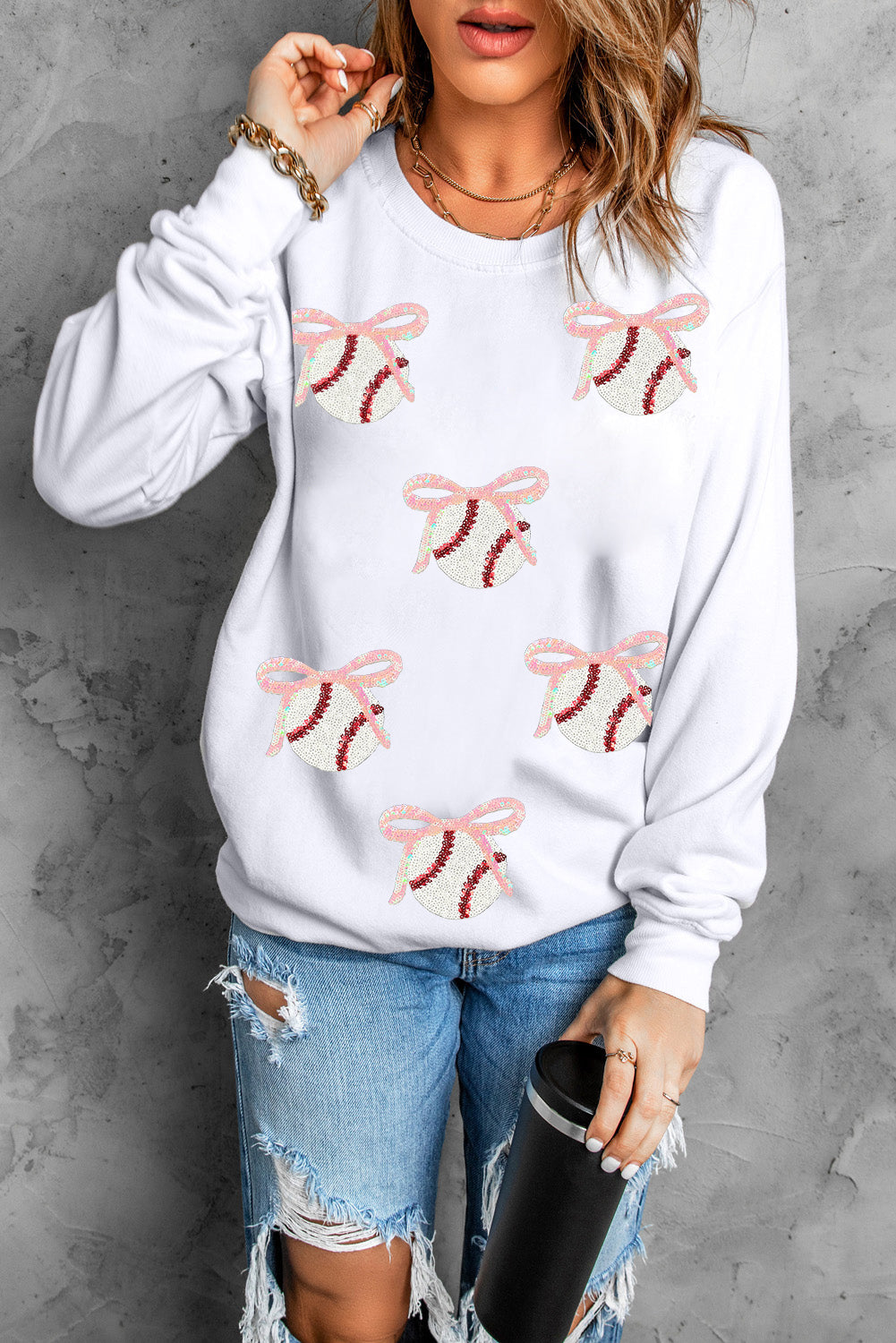 Sequin Bow Baseball Patched Casual Sweatshirt
