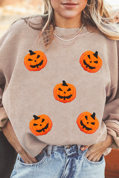 Twisted Rib Texture Chenille Halloween Pumpkin Patched Drop Shoulder Sweatshirt
