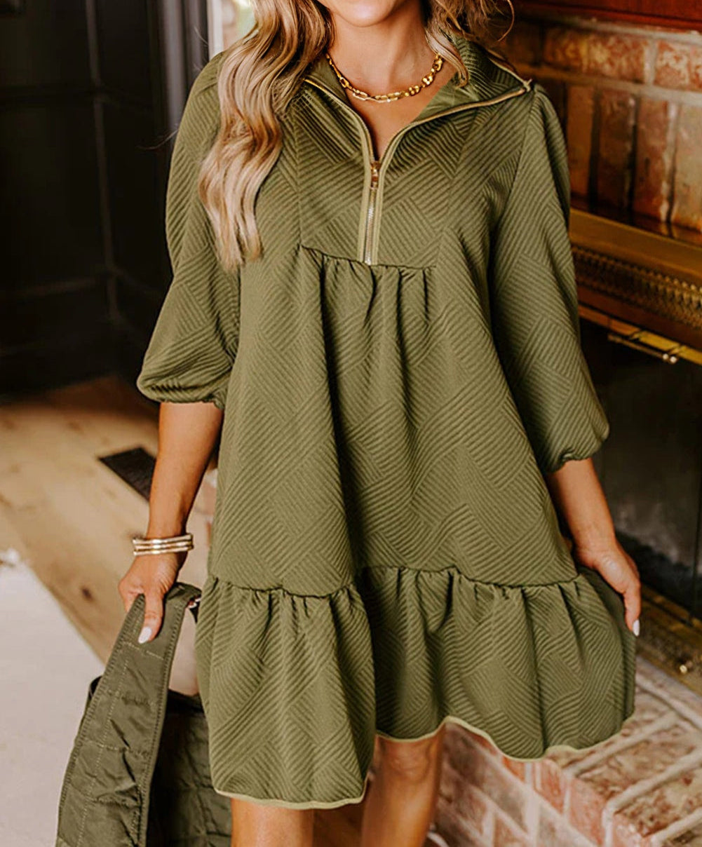 Quarter Zip Collar Bracelet Sleeve Textured Mini Dress