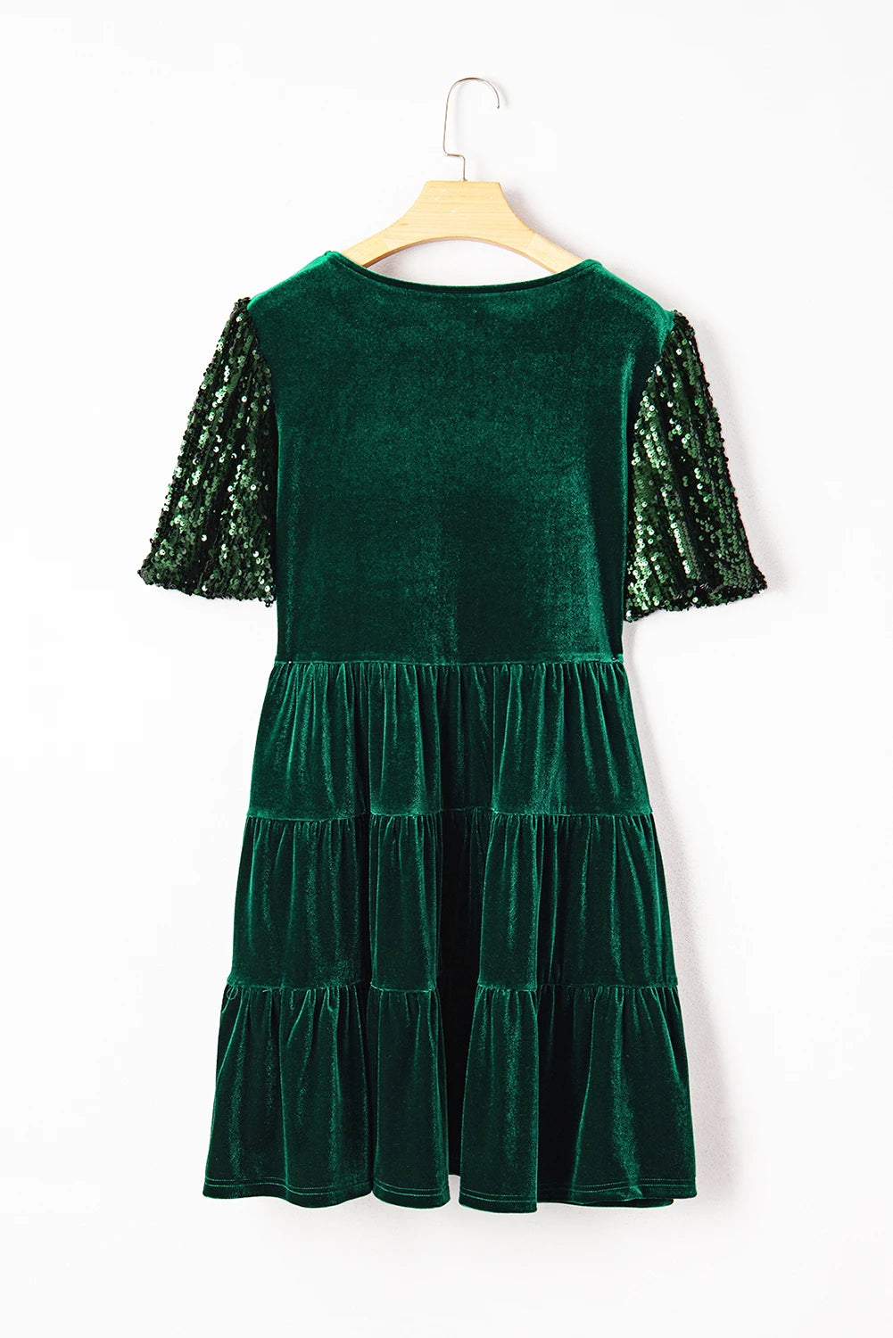 Sequin Puff Sleeve High Waist Tiered Velvet Mini Dress