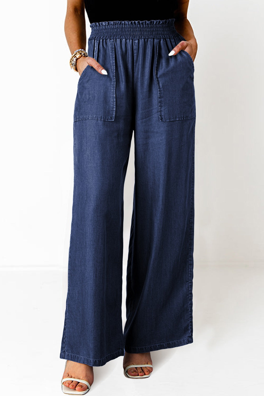 High Waist Pockets Frilled Smocked Wide Leg Jeans