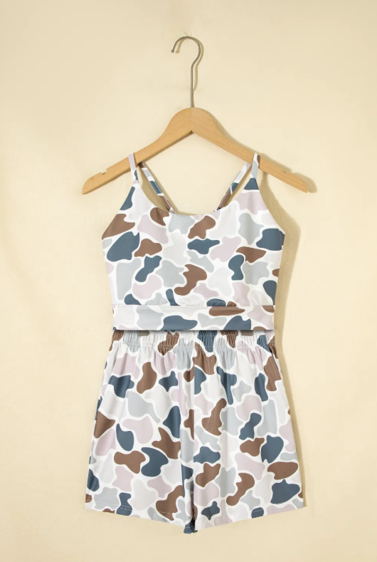Camouflage Printed Cropped Tank Athleisure 2pcs Short Set
