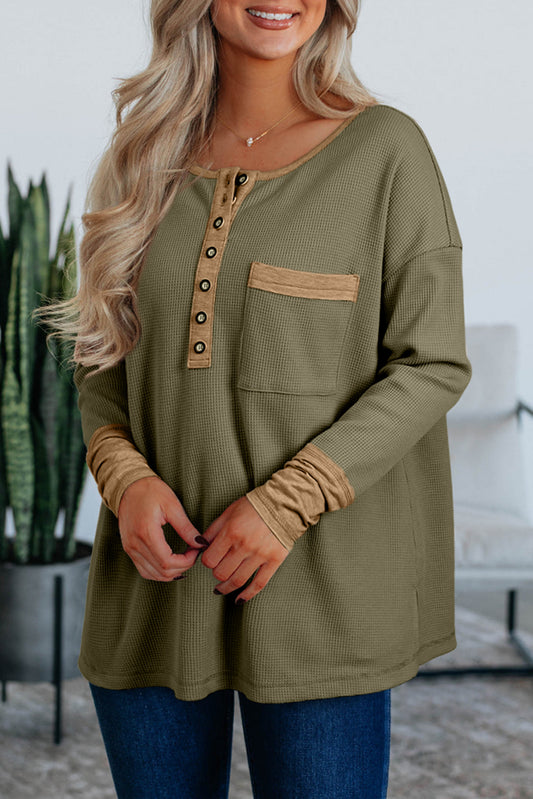 Color Block Waffle Textured Tunic Henley Top with Slits