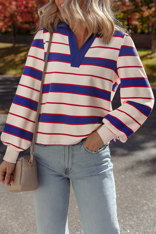 Color Block V Neck Loose Fit Sweatshirt