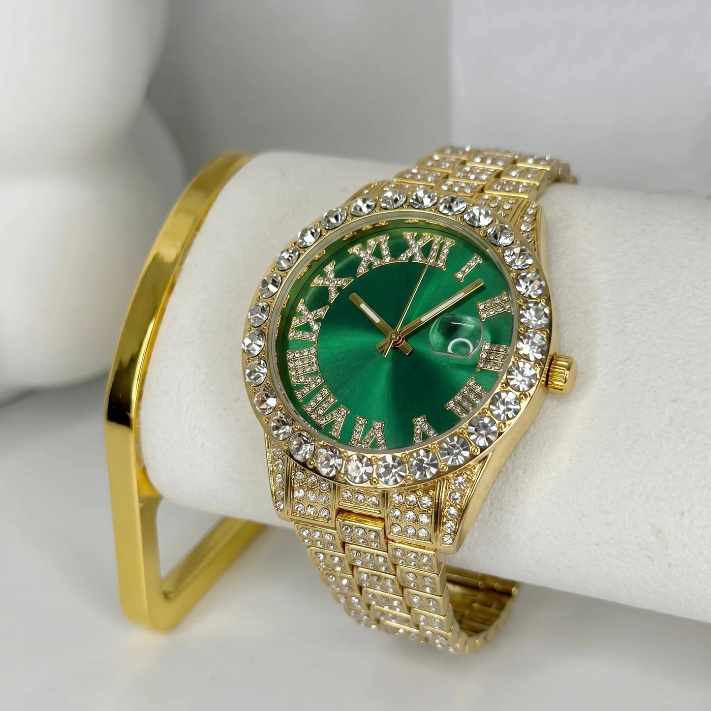 Rhinestone Green Gold Band Watch