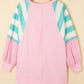 Striped Colorblock Patchwork Raglan Pullover Top with Slits