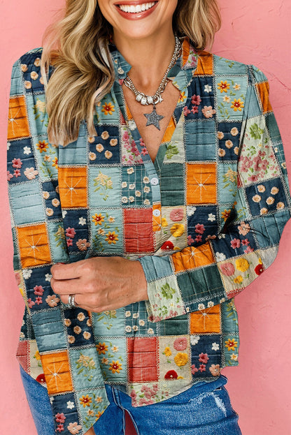 Fall Floral Half Placket Collared V Neck Blouse