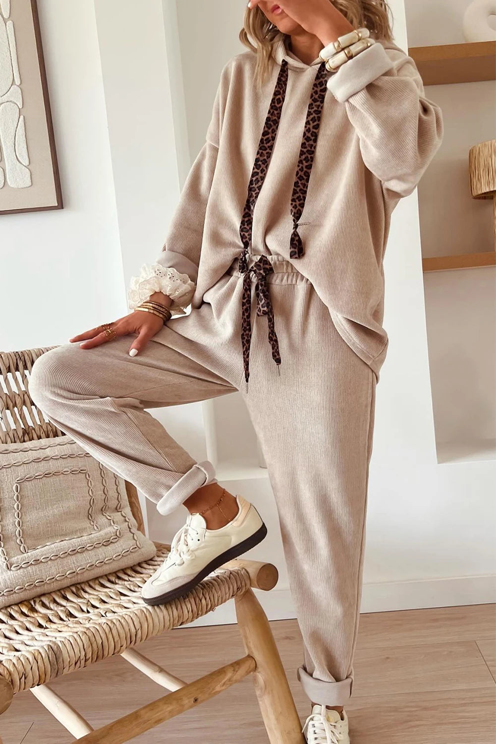 Hoodie and High Waist Pants Corduroy Suit