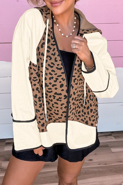 Leopard Star Hooded Patchwork Contrast Piping Open Front Jacket