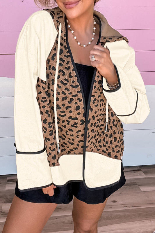 Leopard Star Hooded Patchwork Contrast Piping Open Front Jacket