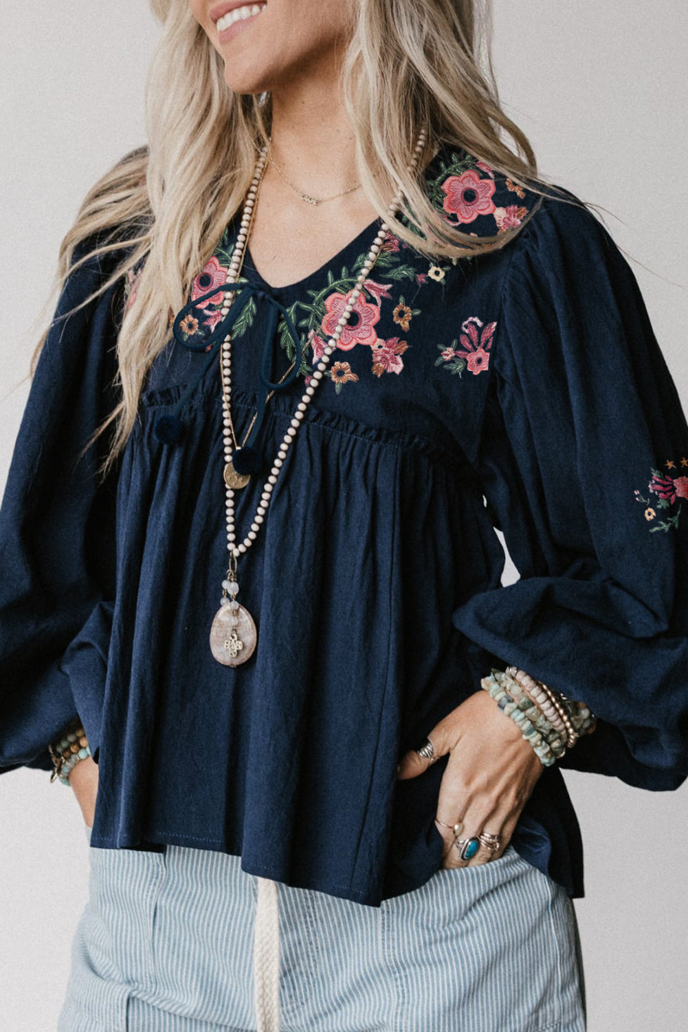 Flower Lace-up V Neck Babydoll Blouse
