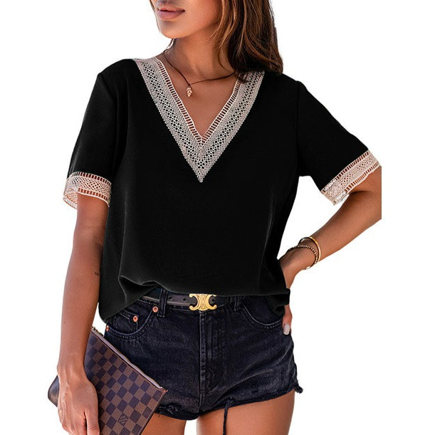 Lace Trim V Neck Short Sleeve Blouse