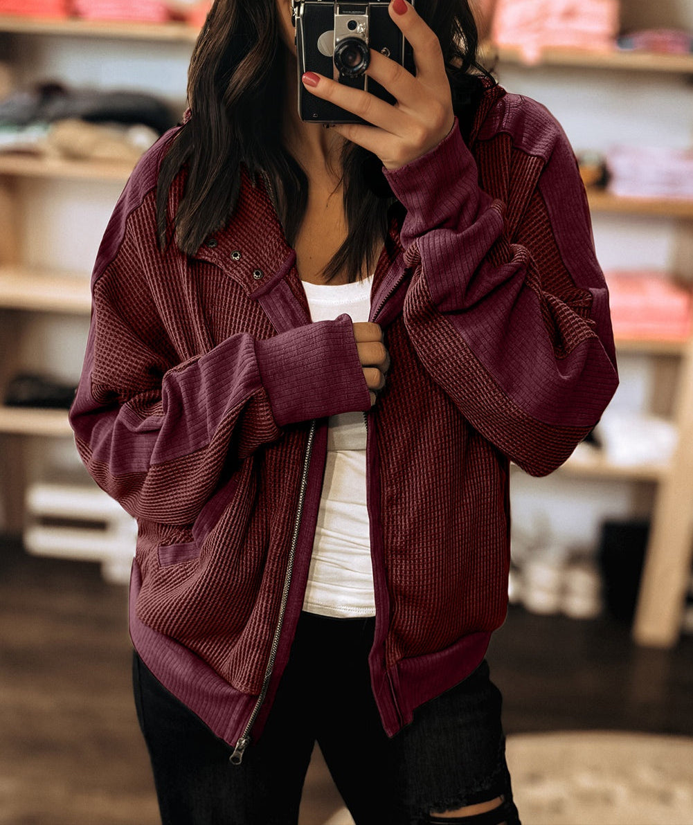 Splicing Zip Up Front Button Hooded Jacket
