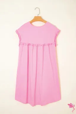 Frilled Trim Crew Neck Loose Fit Mini Dress