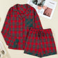 Plaid Contrast Patched Christmas Holiday Long Sleeve Shirt and Short 2pcs Pajama Set