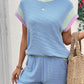 Corded Knit Contrast Trim Round Neck Cap Sleeve 2pcs Short Set