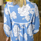 Floral Ricrac Trim Collared Puff Sleeve Loose Blouse