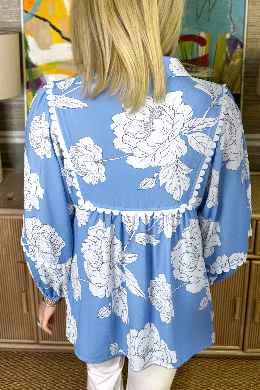 Floral Ricrac Trim Collared Puff Sleeve Loose Blouse